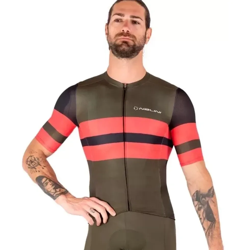 Nalini Linear Fietstrui Heren - red coral/army green 4400
