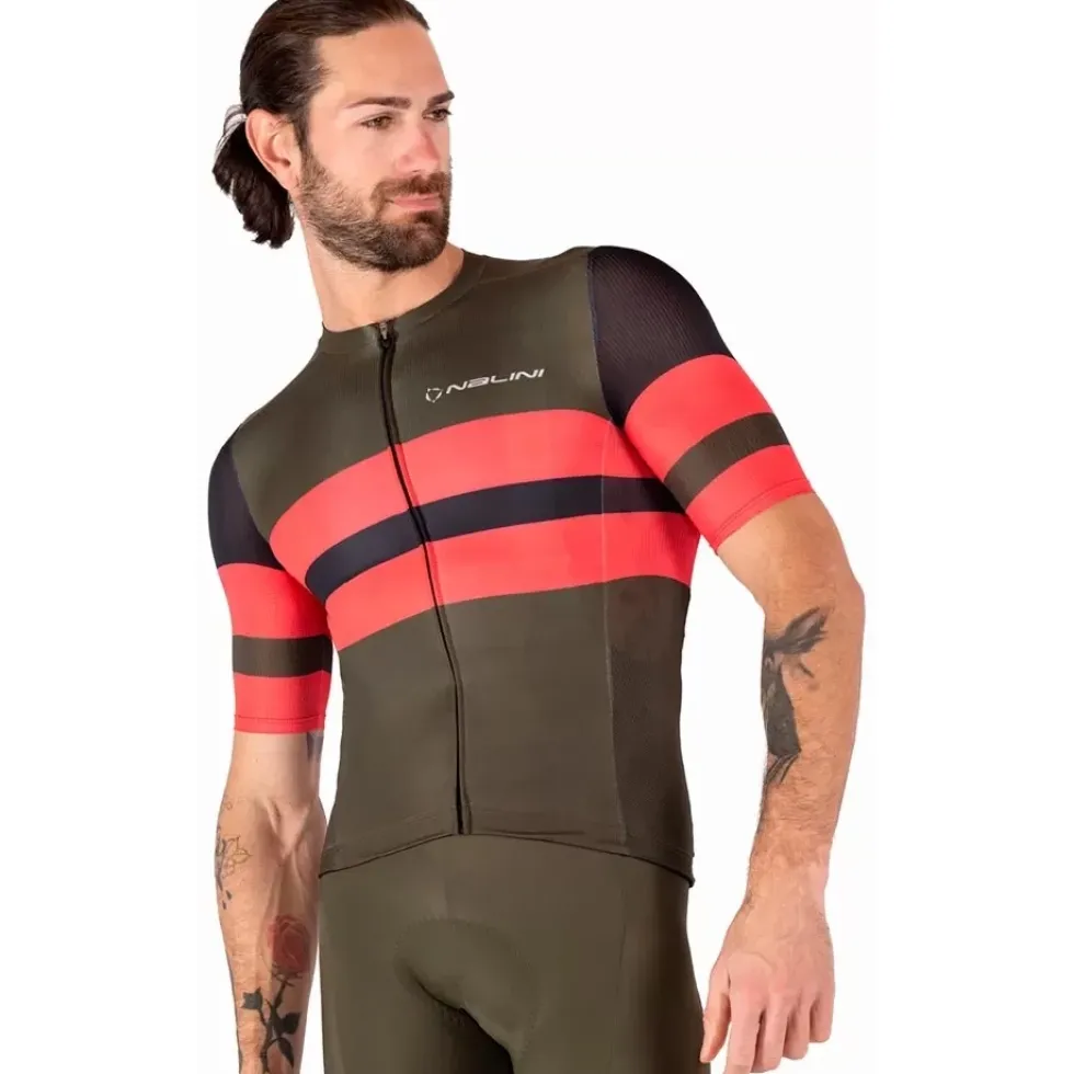 Nalini Linear Fietstrui Heren - red coral/army green 4400